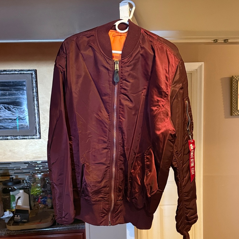 Men's Burgundy Bomber Jacket with Orange Lining